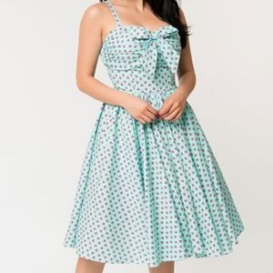 Unique Vintage Strawberry Swing Dress Mint with dark pink strawberries. SIZE L.